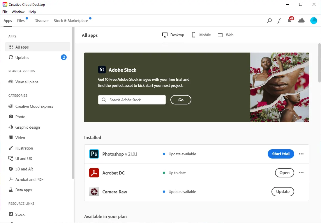 Adobe Creative Cloud 2024 workspace screenshot