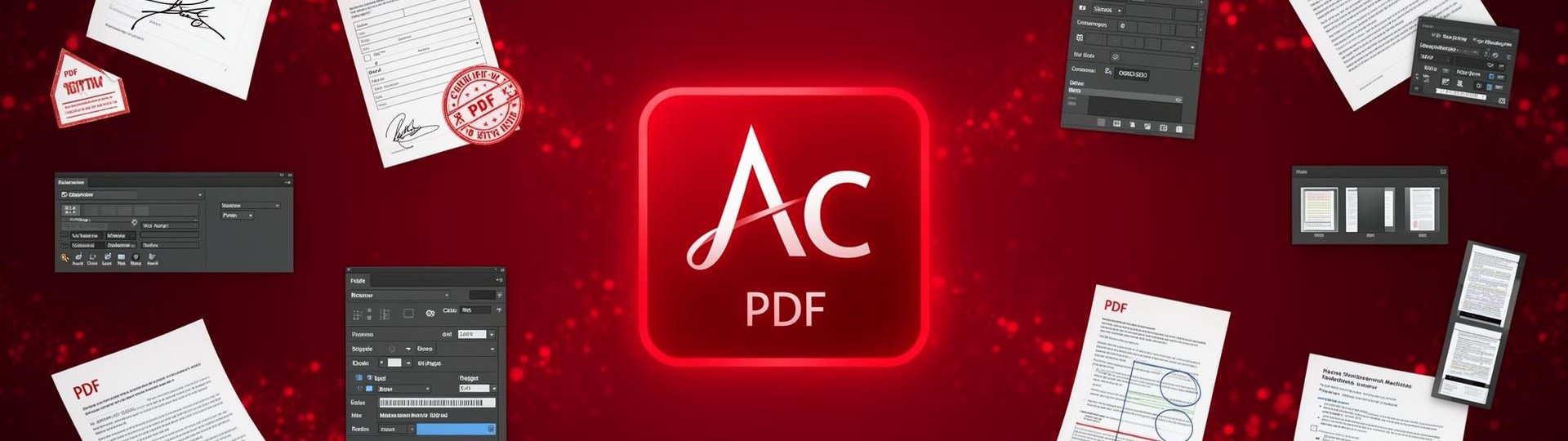 Adobe Acrobat Pro banner with glowing Ac logo and PDF documents