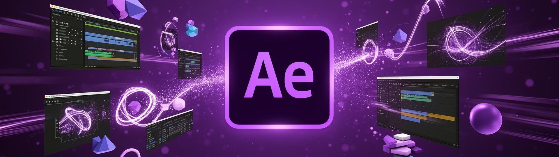 Adobe After Effects banner with glowing Ae logo and motion graphics