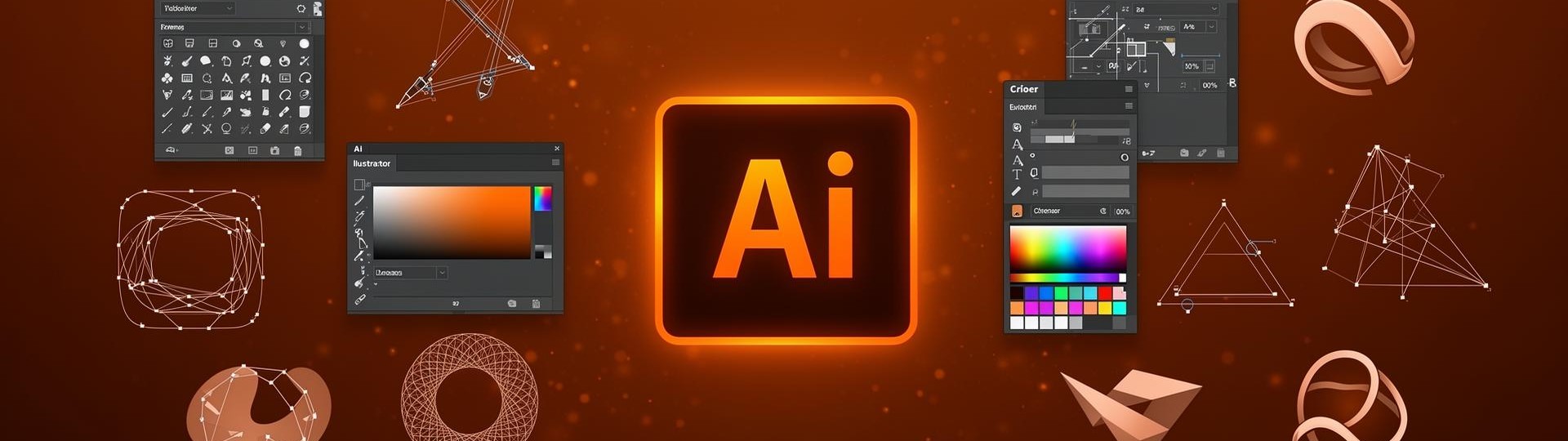 Adobe Illustrator banner with glowing Ai logo and vector tools