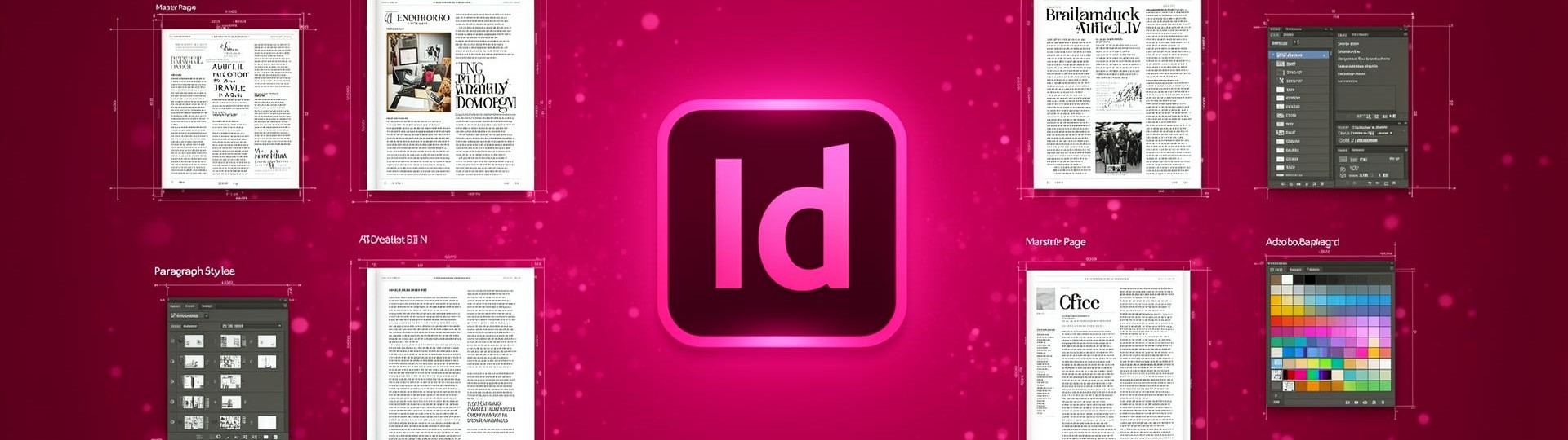 Adobe InDesign banner with glowing Id logo and page layouts