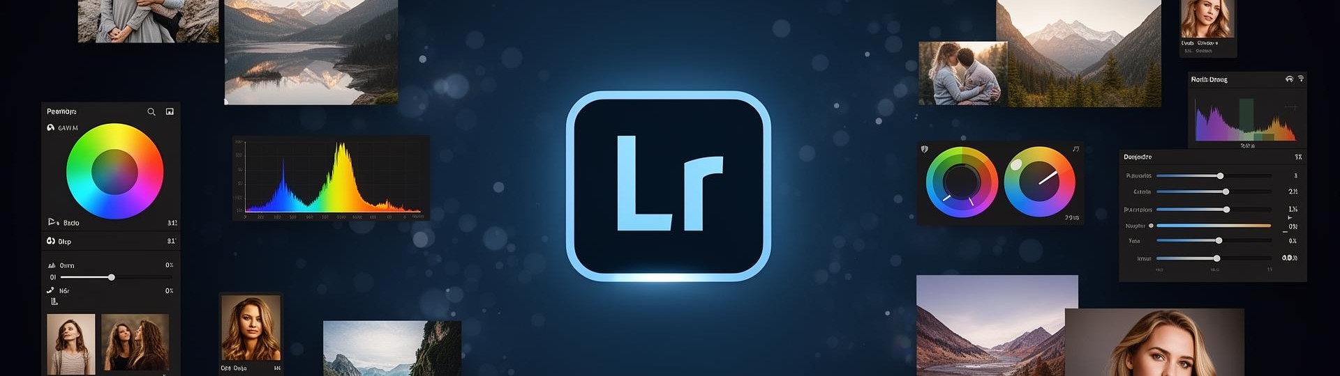 Adobe Lightroom banner with glowing Lr logo and photo edits