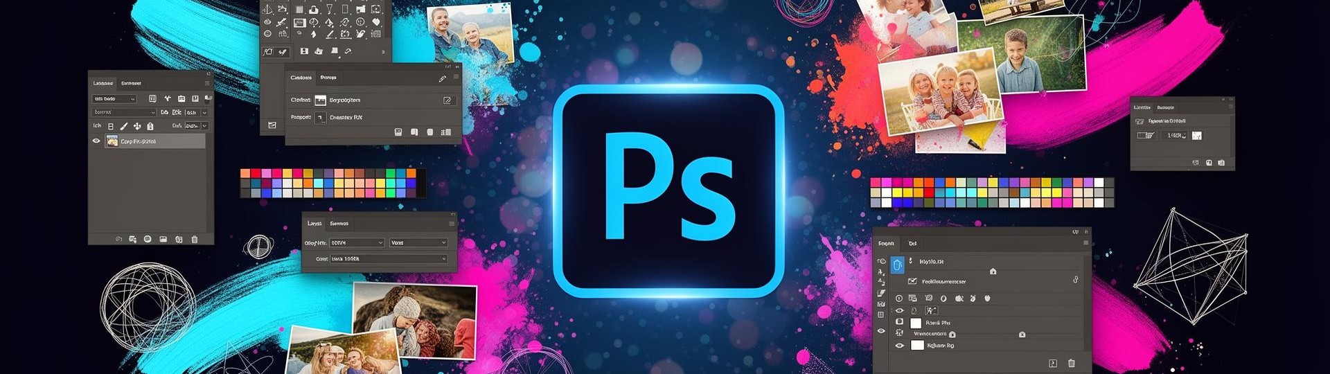 Adobe Photoshop banner with glowing Ps logo on dark navy background