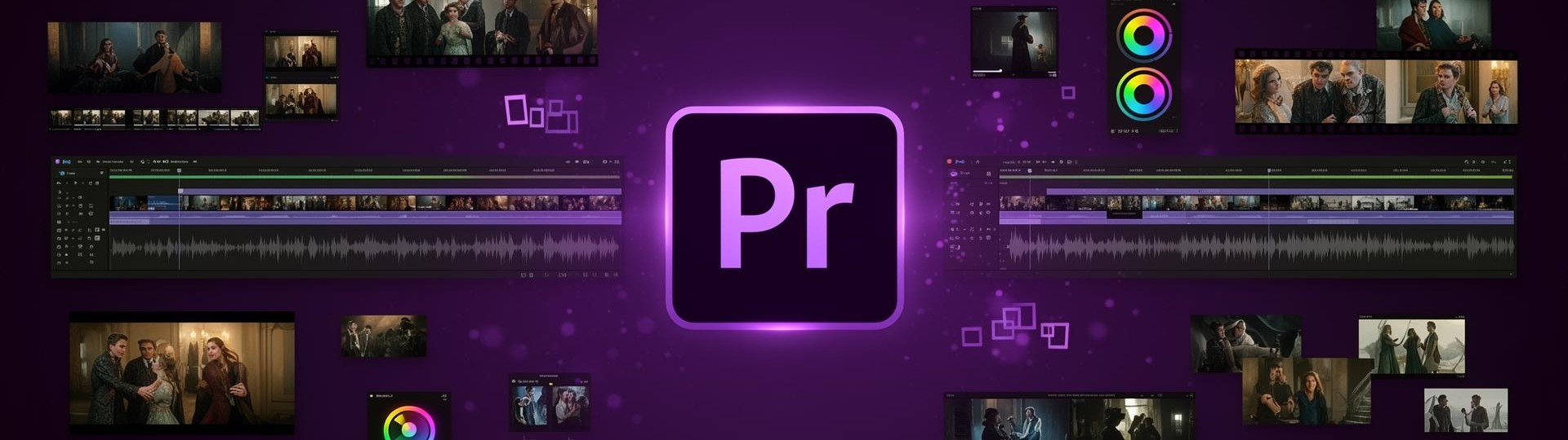 Adobe Premiere Pro banner with glowing Pr logo and video timeline