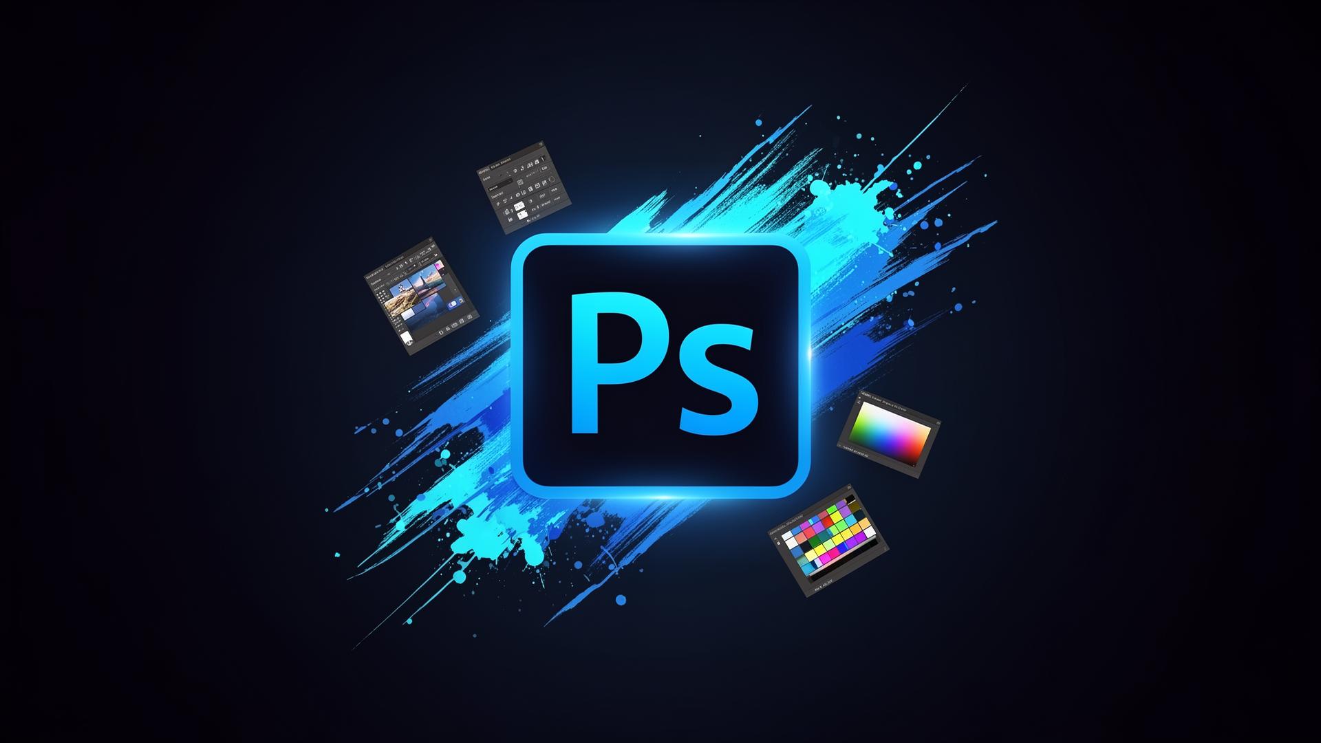 Création artistique Adobe Photoshop avec logo Ps, coups de pinceau et palettes de couleurs